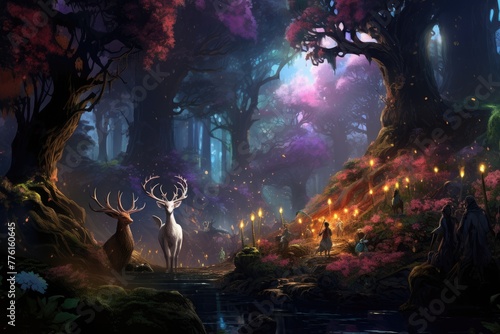 An enchanted forest concept with various mythical creatures  Ai generated