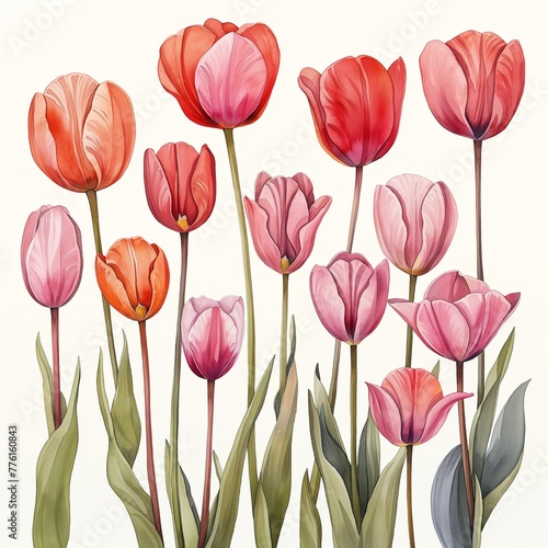 Clipart of watercolor tulips in various pink  red  and orange tones.