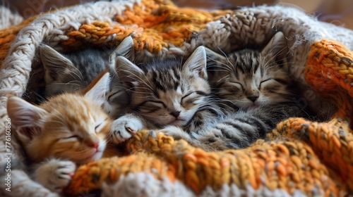 a family of happy kittens sleeps together in a cozy blanket