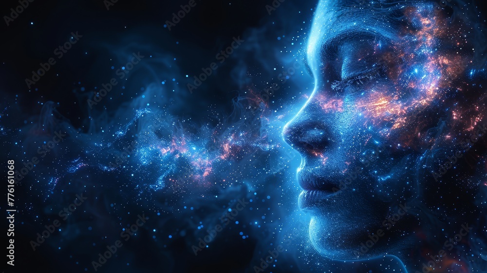A tight shot of a person's face gazing up at a star-filled sky in the image's center A tight shot of a person's face gazing up at a star-filled sky in the image's center
