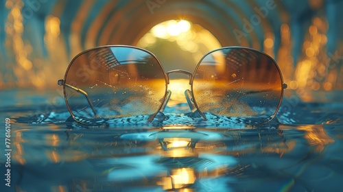  A pair of sunglasses rests atop a water-filled puddle, before the tunnel's light beacon
