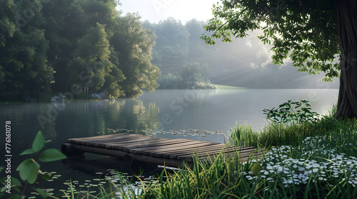 A wooden dock sits on a lake surrounded by trees and foliage photo