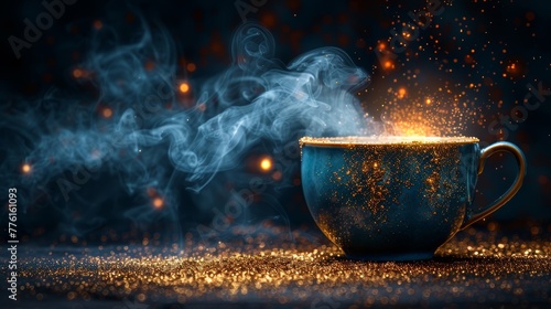  A table bears a steaming cup of coffee, enshrouded in plumes of rising steam Gold glitter surrounds the scene #776161093