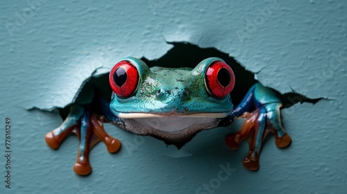   A frog, its red eyes peeking from a hole in a weathered wall, as paint chips flake off its aged surface photo