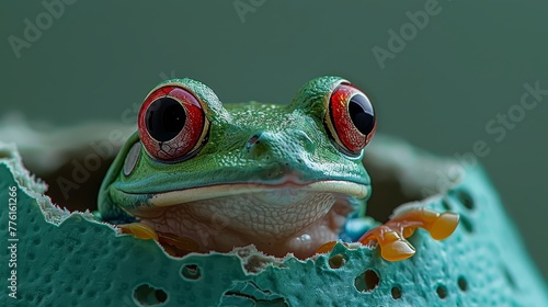   A tight shot of a frog with scarlet eyes peering from a leaf-shaped hole in a textured, green paper punctuated by similar openings photo