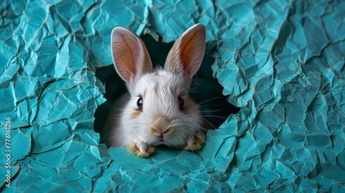  A white rabbit emerges from a hole in the torn blue paper