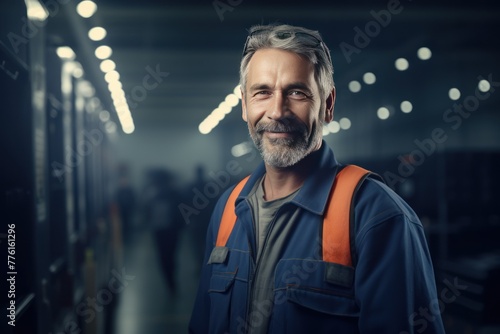 Portrait of a male smiling technician in a data center with servers stands.