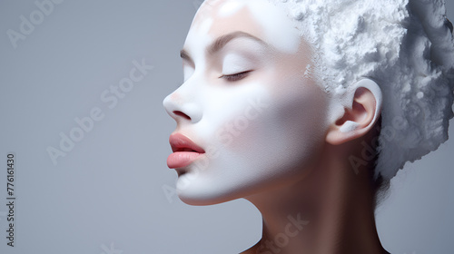 Beautiful cute face of a girl in profile as an advertisement for facial care or an art object, a layer of white cream is applied to fair skin, the hair is covered with a thick white layer