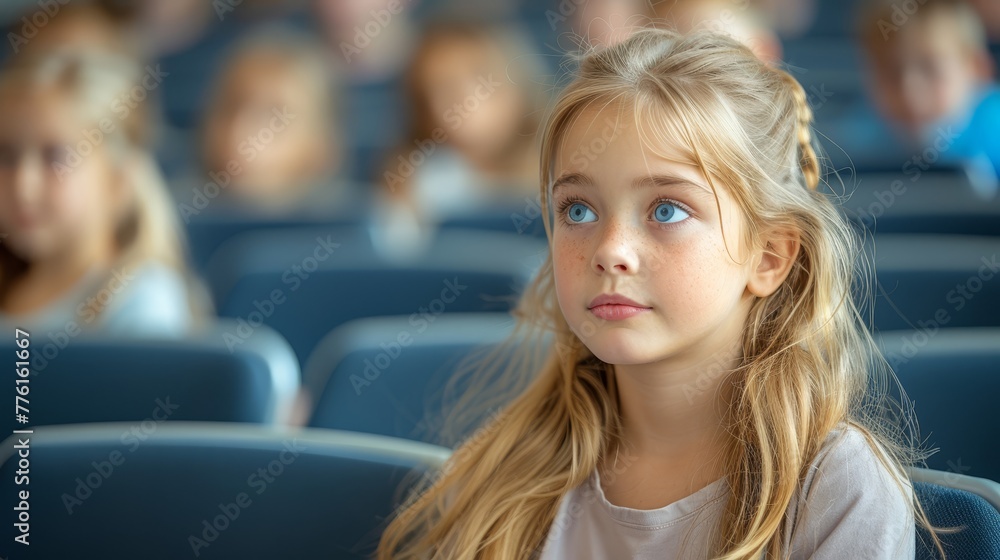 A young girl sits in a blue seat amongst a group of other young girls in a lecture hall A young girl sits in a blue seat amongst a group of other young girls in a lecture hall