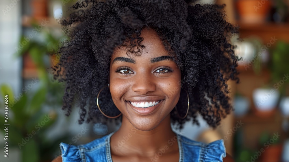 A tight shot of a person smiling, with a plant in the background beyond them A tight shot of a person smiling, with a plant in the background beyond them