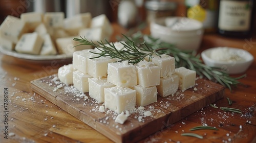   A wooden cutting board bearing cubed cheese and a rosemary sprig atop it photo