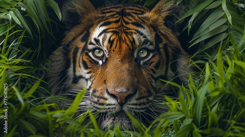   A tight shot of a tiger's face amidst tall, emerald grass  grasses framing its visage on either side © Jevjenijs