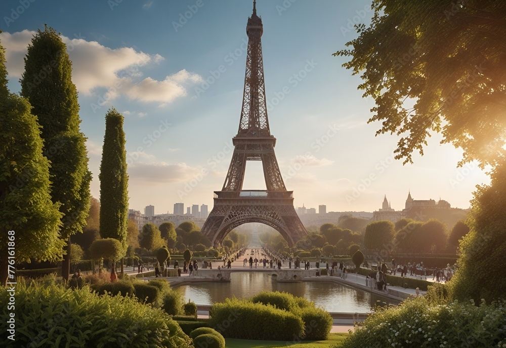 French Eifel Tower on a beautiful summer day. Paris Eiffel Tower and Trocadero garden at sunset in Paris, France - obrazy, fototapety, plakaty 