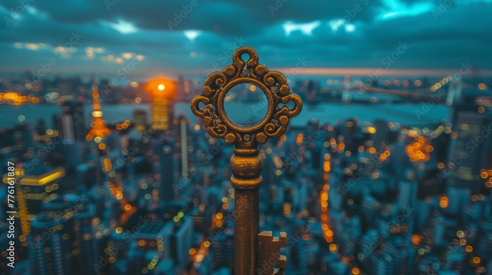   A city's night view from a building peak, featuring a mirror in its heart