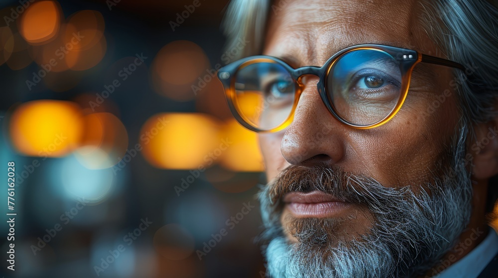 A tight shot of someone in a suit and wearing glasses, surrounded by a hazy backdrop of glowing lights A tight shot of someone in a suit and wearing glasses, surrounded by a hazy backdrop of glowing lights