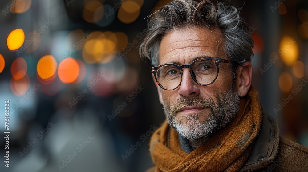   A tight shot of someone in glasses, scarved neck, urban streetscape behind
