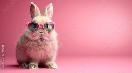   A small pink-hued rabbit dons sunglasses against a uniform pink backdrop Another scene features a white rabbit, also wearing pink sunglasses, amidst a pink
