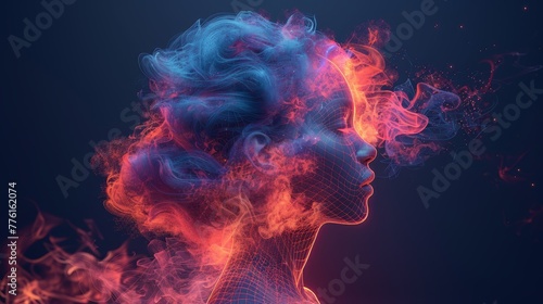  A woman's head is depicted against a black background with red and blue smoke emanating from the top