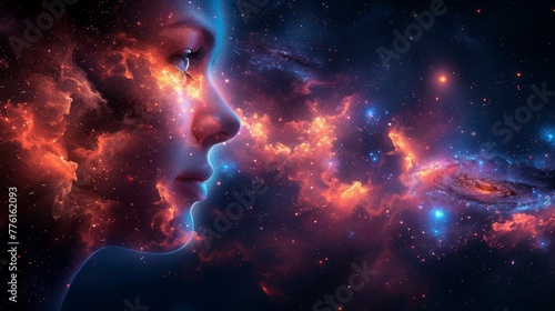  A tight shot of a human face gazing at a vast starfield and a helical galaxy photo
