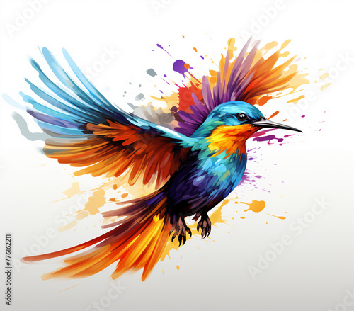 Rainbow colored bird flying watercolor on white background © viet