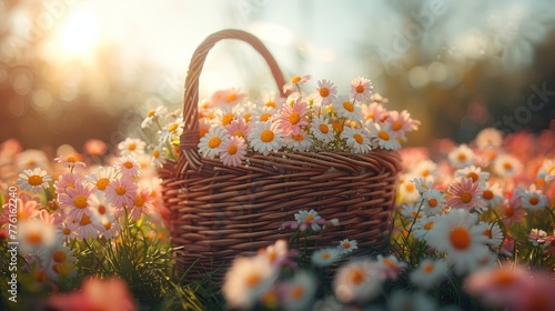  A wicker basket brimming with daisies amidst a pink-and-white floral field  under the radiant sun
