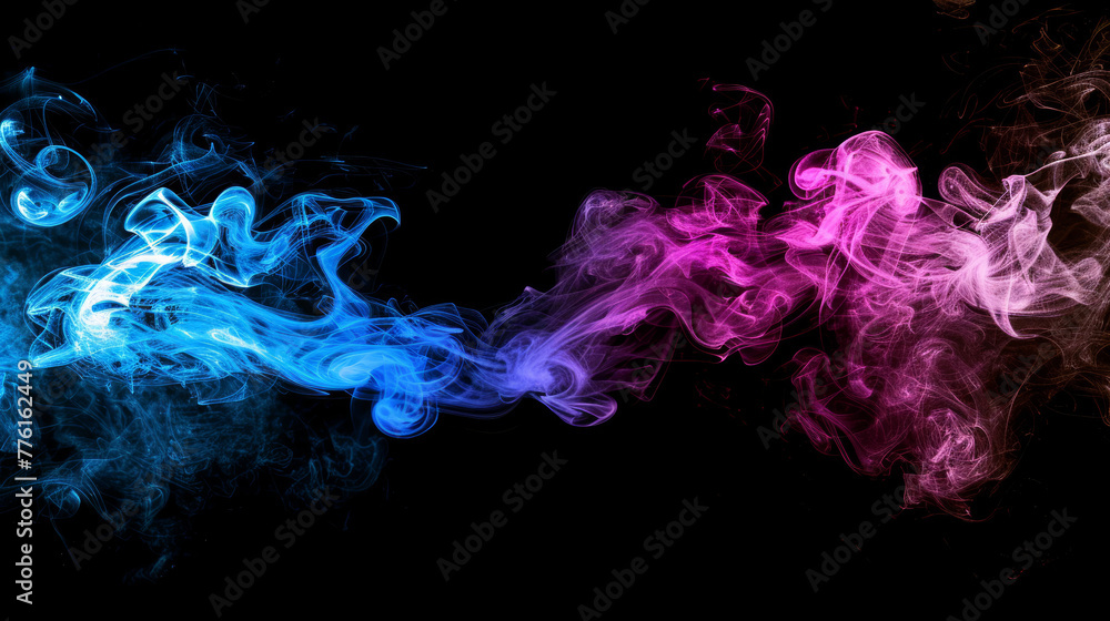 Splash and mixing of vibrant colour smoke on black background.