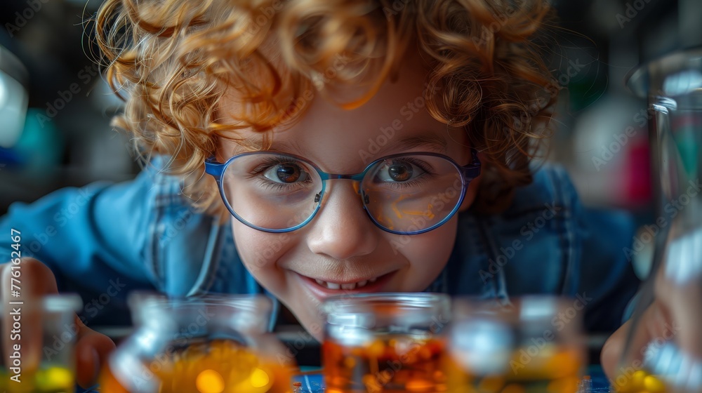 A child in glasses closely holds a beaker before a table filled with glassware A child in glasses closely holds a beaker before a table filled with glassware