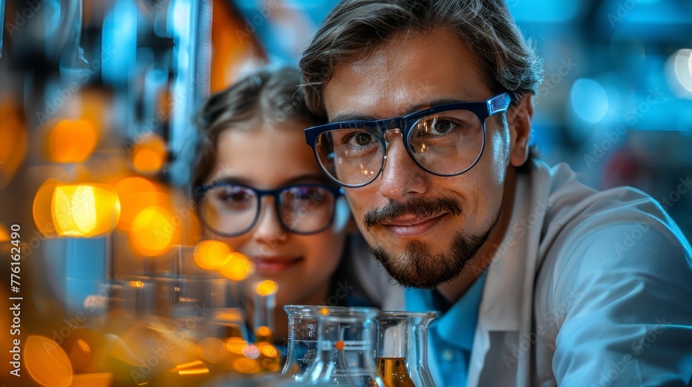 A man and a woman, each with glasses on, scrutinize an object in a flask glassware set before them A man and a woman, each with glasses on, scrutinize an object in a flask glassware set before them