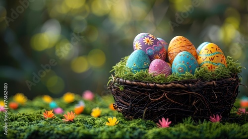   A basket brimming with Easter eggs atop a verdant green field, adorned with daisies