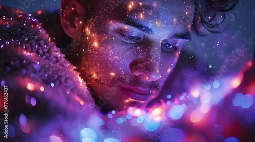  A man with closed eyes gazes up at something illuminated above, surrounded by radiant lights, against a hazy background