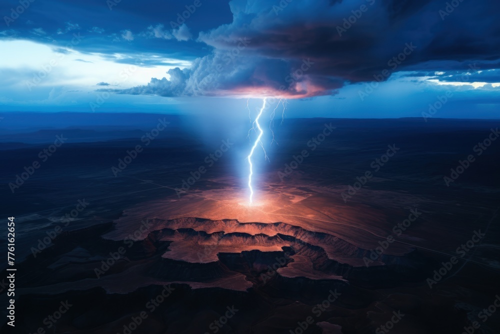 Aerial view of bright lightning strike onto ground in a thunderstorm at night.