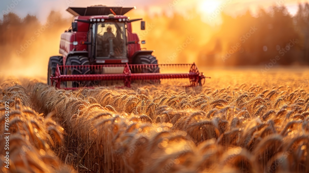 A red tractor traverses a ripe wheat field as the sun sets on the horizon A red tractor traverses a ripe wheat field as the sun sets on the horizon