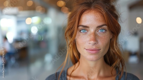  A tight shot of a woman with freckles scattering her face and hair, gazing into the camera
