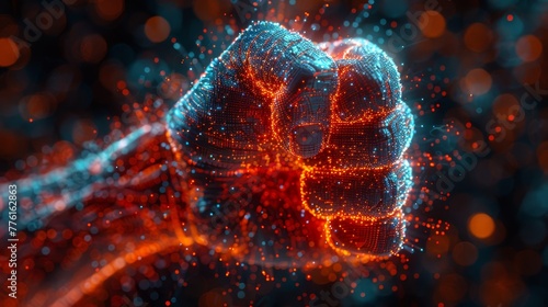   A crisp close-up of a hand clenched in a fist against a hazy backdrop of shifting blue  orange  and red lights