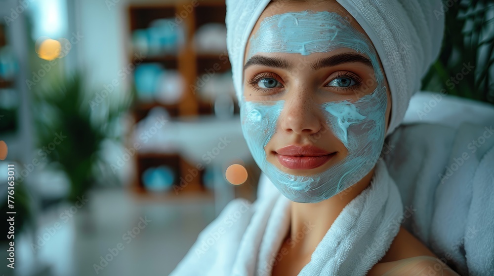 A woman wearing a towel on her head, covering both her hair and part of her face with a masks A woman wearing a towel on her head, covering both her hair and part of her face with a masks