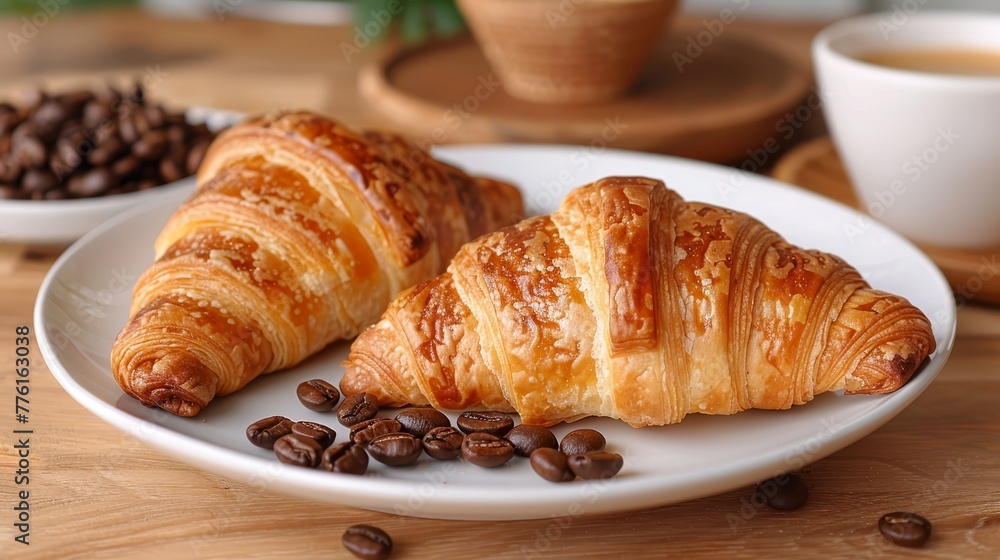   A couple of croissants atop a white plate, nearby rests a mound of coffee beans
