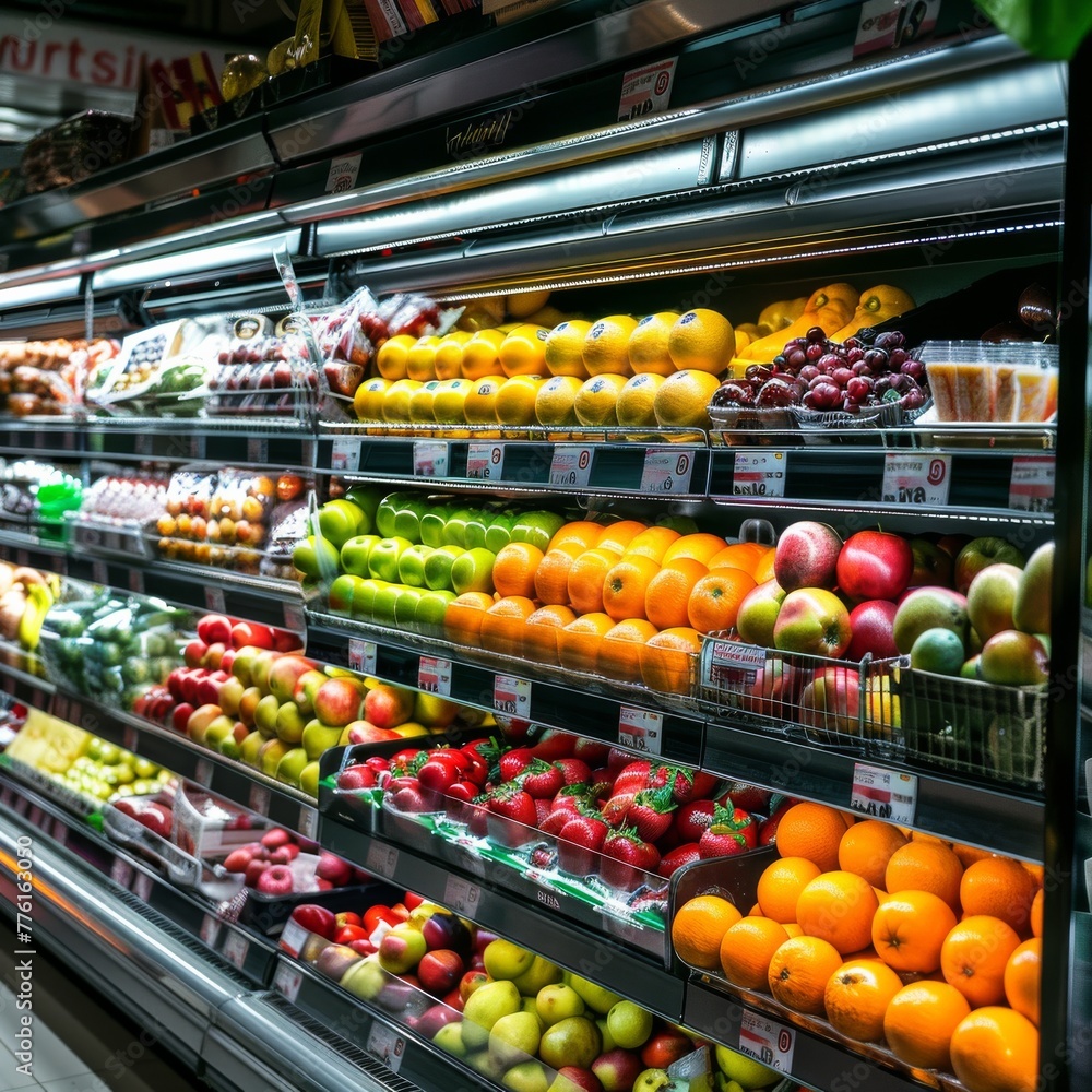 Fresh fruits displayed in supermarket shelf