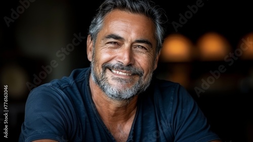  A person wearing a blue shirt, revealing a black T-shirt beneath, smiles directly at the camera © Jevjenijs