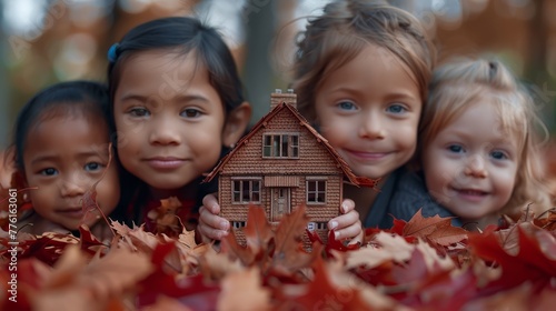   Three girls, each standing before an autumned house, are surrounded by fallen leaves on the ground photo