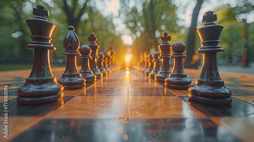 A chess set atop a wooden board, backdropped by sunlit trees