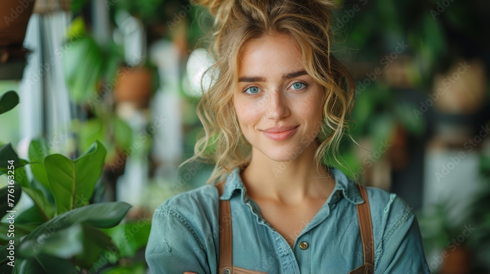 A woman, beaming, faces camera before a blooming potted plant A woman, beaming, faces camera before a blooming potted plant