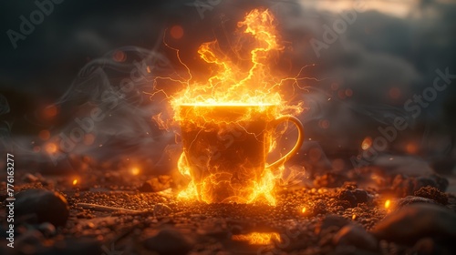  A burning cup atop rocks, nearby, two piles of rocks, a ball of fire