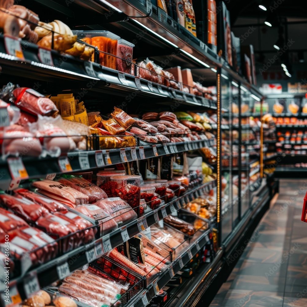 Grocery store aisle with an array of packaged meats Grocery store aisle with an array of packaged meats