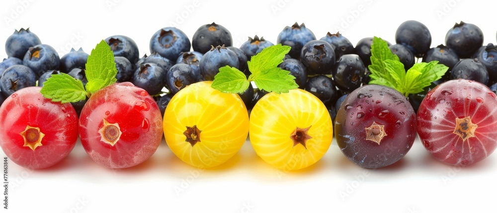A collection of fruits arranged together on a white tabletop, garnished with green foliage above A collection of fruits arranged together on a white tabletop, garnished with green foliage above