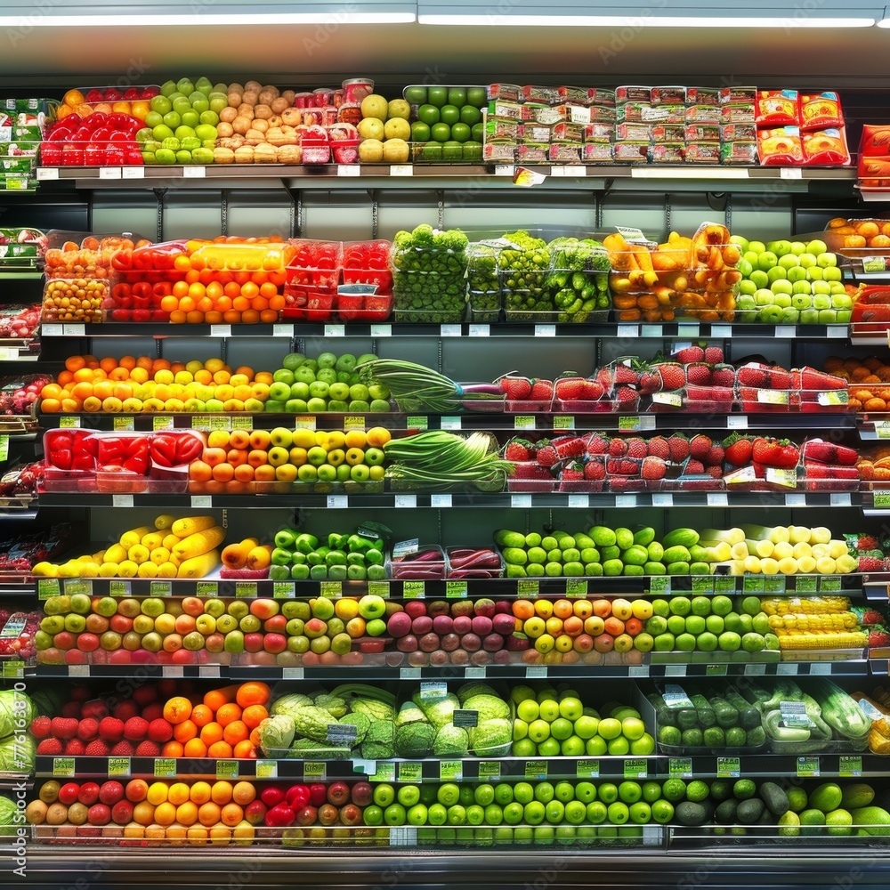 Colorful fresh produce aisle in a supermarket showing an array of fruits and vegetables