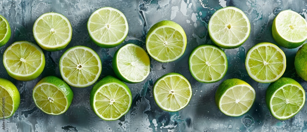 A collection of limes arranged on a metallic surface, dotted with water droplets A collection of limes arranged on a metallic surface, dotted with water droplets
