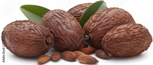   A mound of nuts topped with leafy green covers and an underlayer of almonds against a pristine white backdrop photo