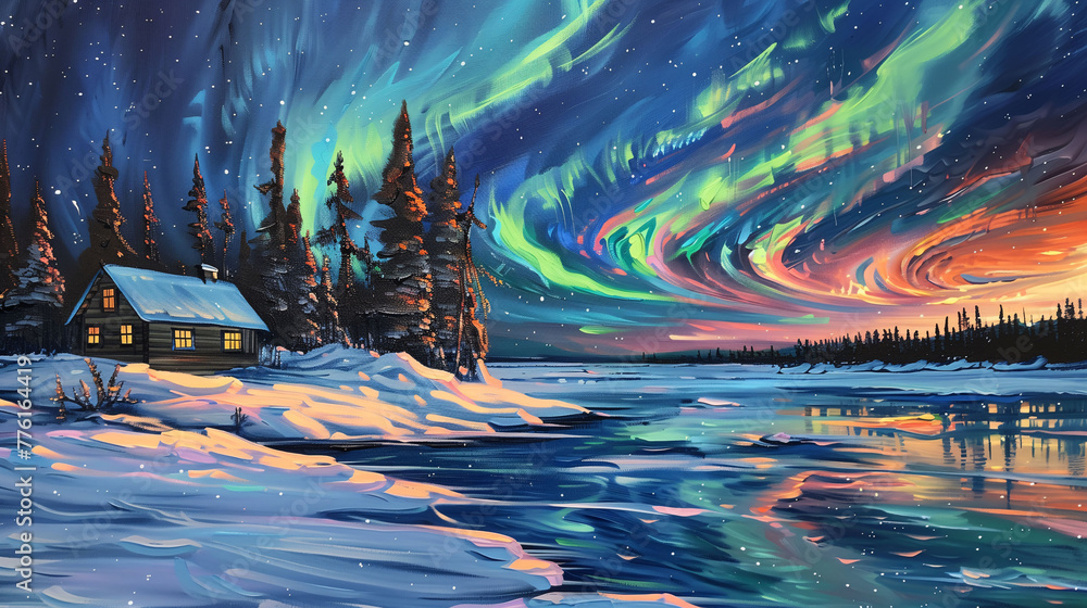 Digital Oil Painting of Aurora Borealis Over Snowy Landscape and Cabin