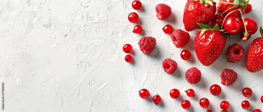 A collection of strawberries arranged on a pristine white background, with a cluster of berries positioned centrally within the frame A collection of strawberries arranged on a pristine white background, with a cluster of berries positioned centrally within the frame