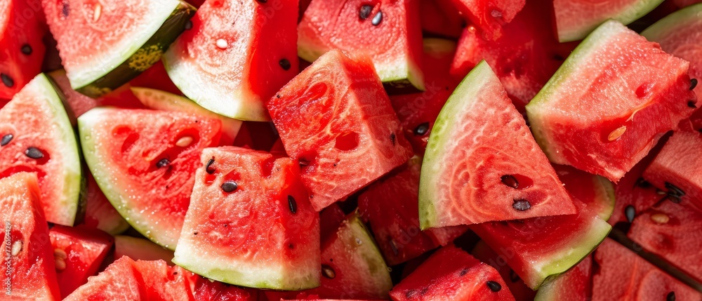A stack of watermelon slices on a wooden cutting board A stack of watermelon slices on a wooden cutting board